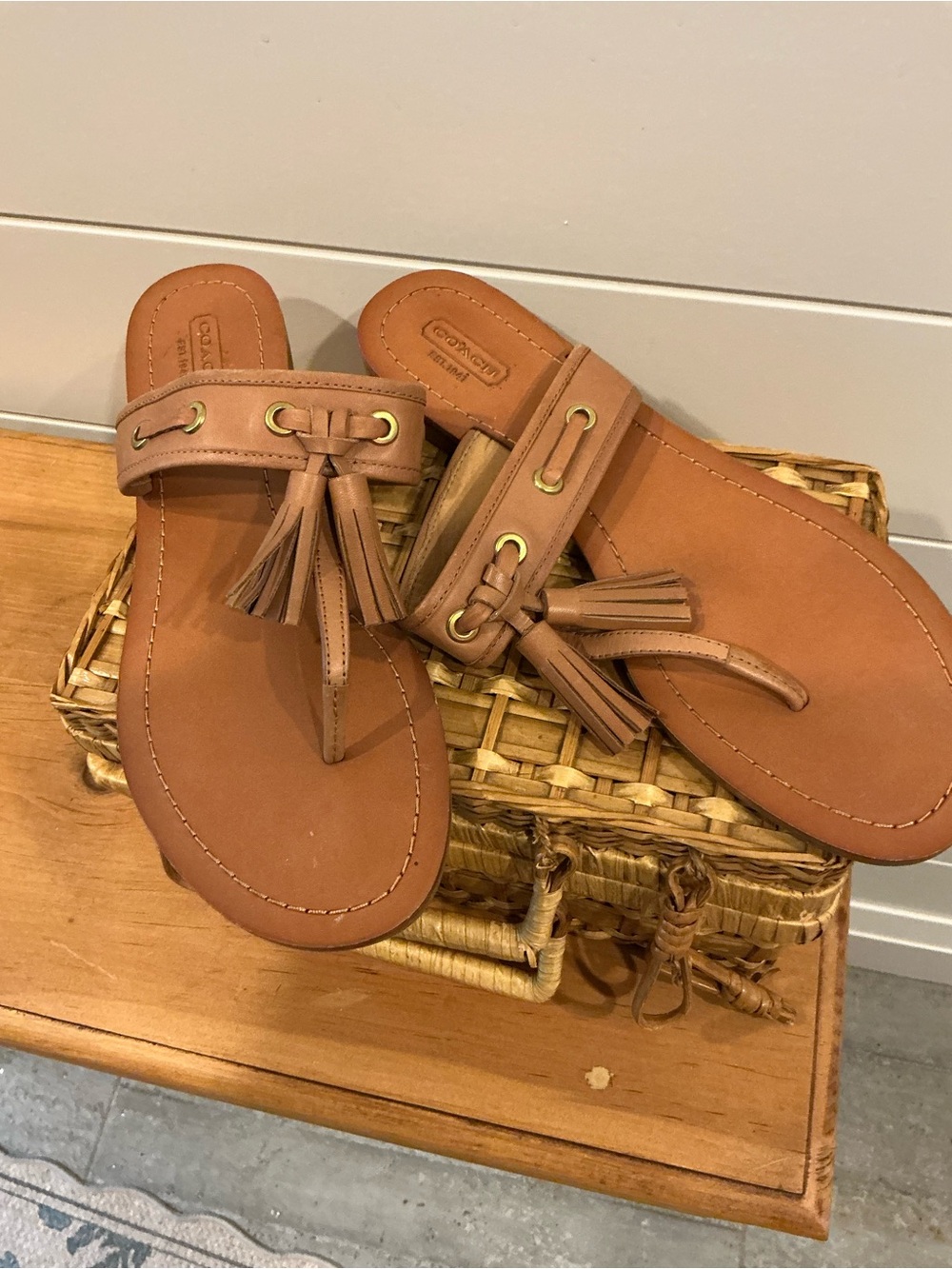 Coach Tan Leather Tassel Thong Sandals